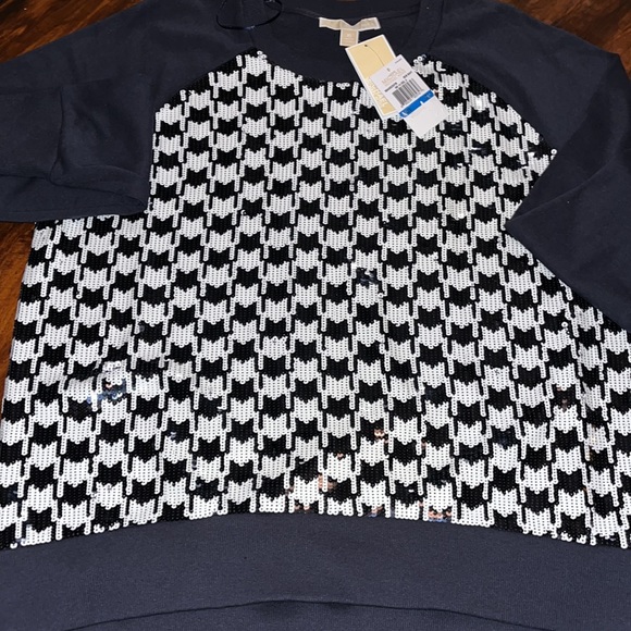 Michael Kors Black and White Sequin Houndstooth Front Sweatshirt Top XL New - Picture 4 of 5